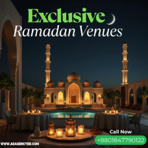 A group of entrepreneurs breaking their fast together at an upscale Ramadan venue, enjoying a luxurious Iftar spread in a beautifully decorated setting.