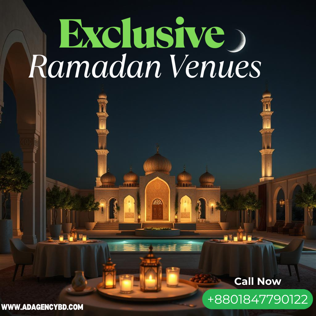 A group of entrepreneurs breaking their fast together at an upscale Ramadan venue, enjoying a luxurious Iftar spread in a beautifully decorated setting.