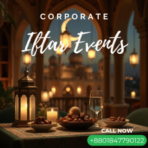 A luxurious Iftar gathering set in an elegant ballroom with gourmet dishes, chandeliers, and refined décor, creating a sophisticated ambiance for high-profile guests.