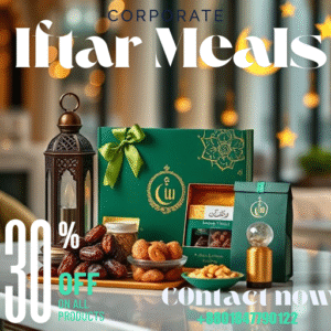 A professional banner image showcasing a luxurious corporate Iftar gift box arranged on a modern table. The gift box includes premium dates, nuts, a decorative lantern, and elegant packaging with Islamic motifs. The design should have a rich, festive yet corporate look, with a green-themed color palette to match the brand color. Soft golden accents and bokeh lighting in the background add a warm, Ramadan ambiance. Include subtle crescent moon and star patterns in the background.