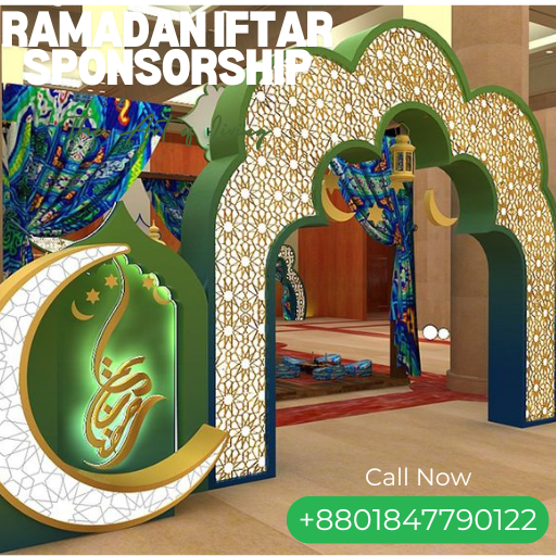 A beautifully arranged Iftar table with elegant decor, featuring a brand logo prominently displayed, symbolizing community engagement and sponsorship.